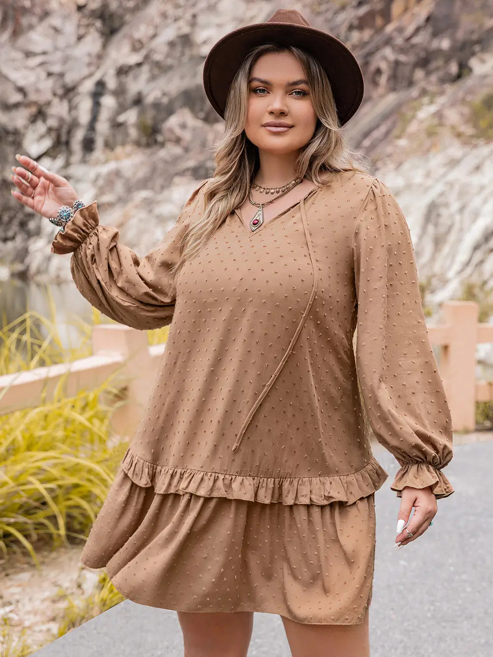 Plus Size Dot Flounce Sleeve Mini Dress - LoveNest Treasures