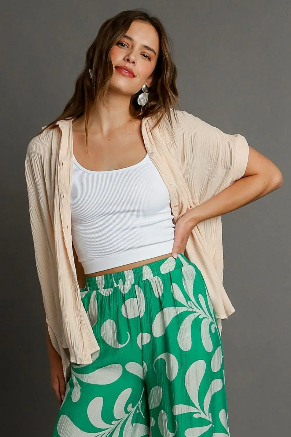Umgee Full Size Textured Button Down Short Sleeve Shirt Plus Size - LoveNest Treasures