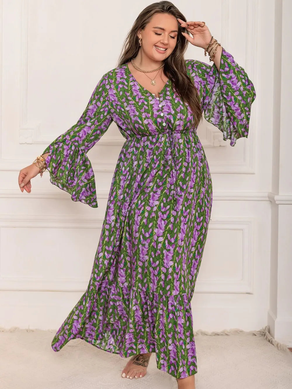 Plus Size Printed V-Neck Long Sleeve Maxi Dress - LoveNest Treasures