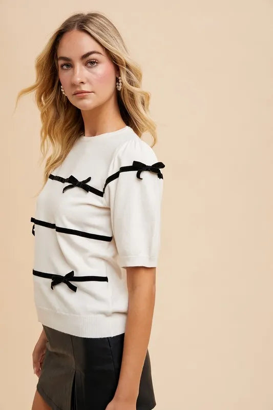 Annie Wear Striped Bow Round Neck Knit Top - LoveNest Treasures