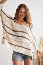 ADORA Full Size Multi Color Strip Sweater Plus Size - LoveNest Treasures