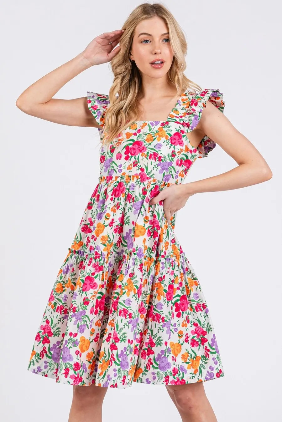 Mittoshop Flower Print Ruffle Shoulder A-line Mini Dress - LoveNest Treasures