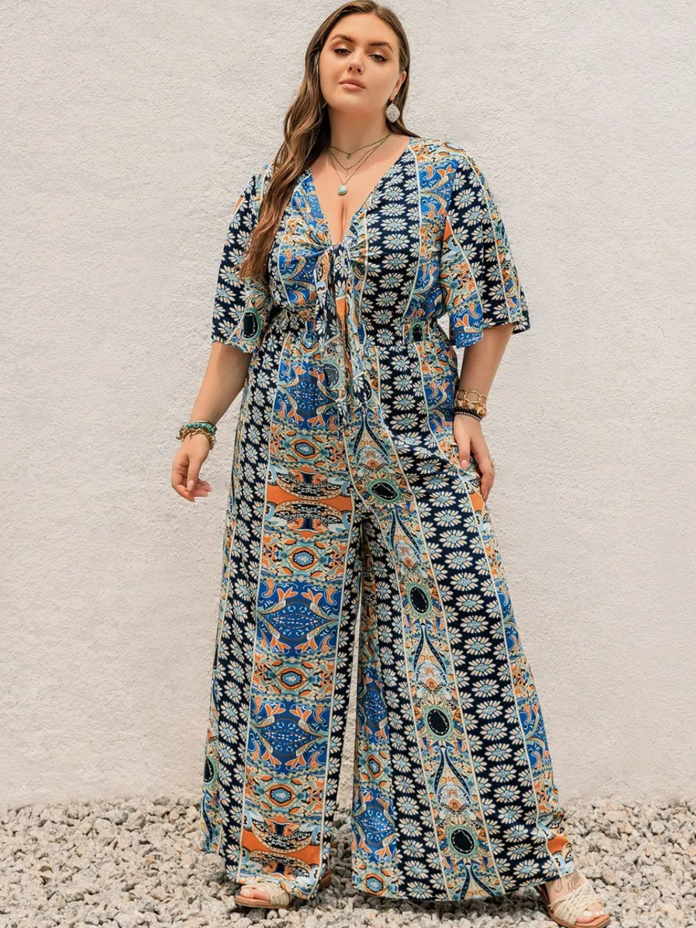 Plus Size Printed Half Sleeve Wide Leg Jumpsuit - LoveNest Treasures