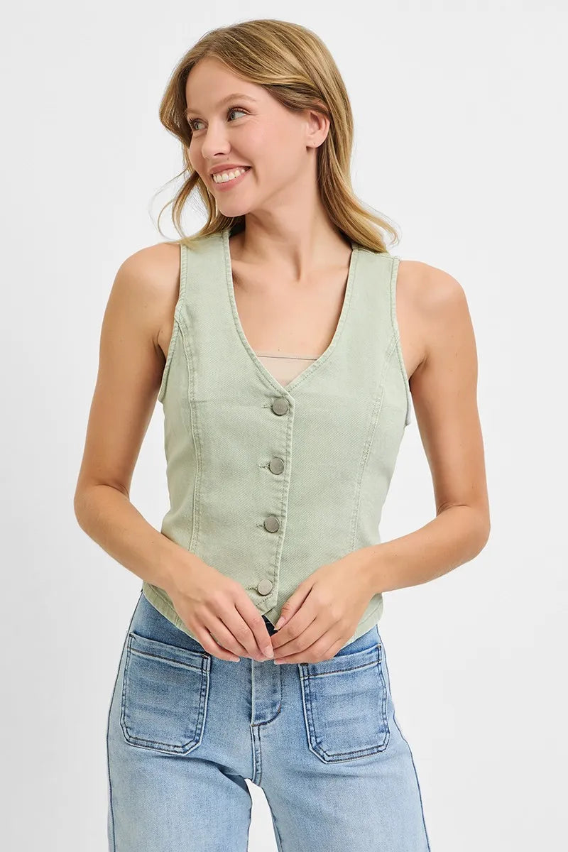 RISEN Full Size V Neck Button Down Vest Plus Size - LoveNest Treasures