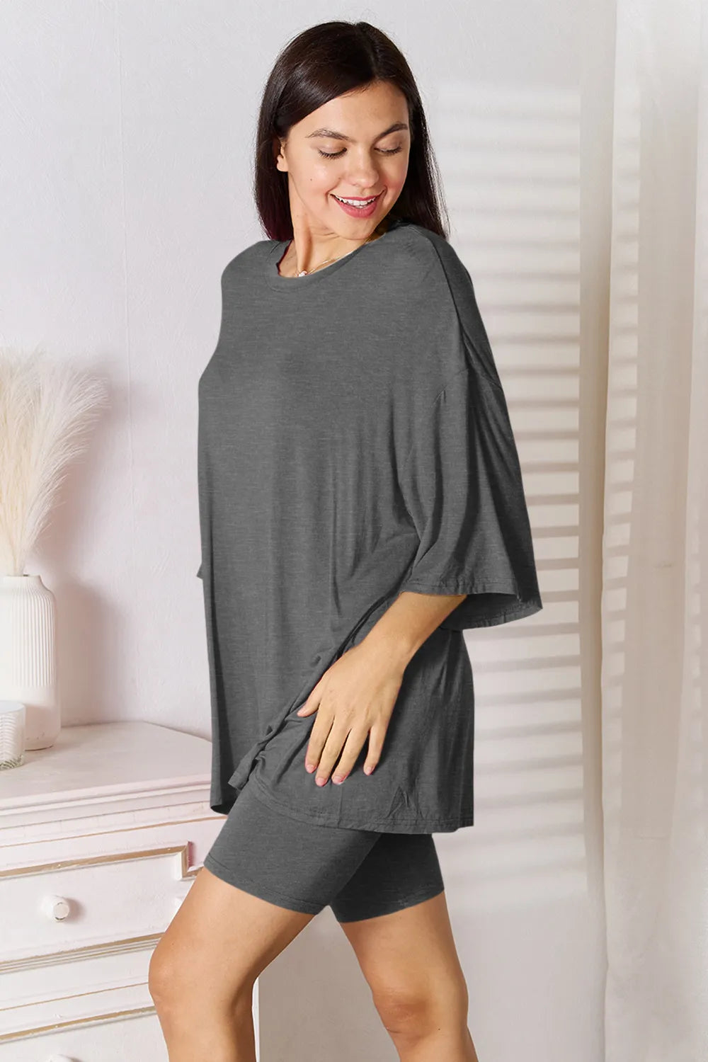 Basic Bae Full Size Soft Rayon Three-Quarter Sleeve Top and Shorts Set - LoveNest Treasures