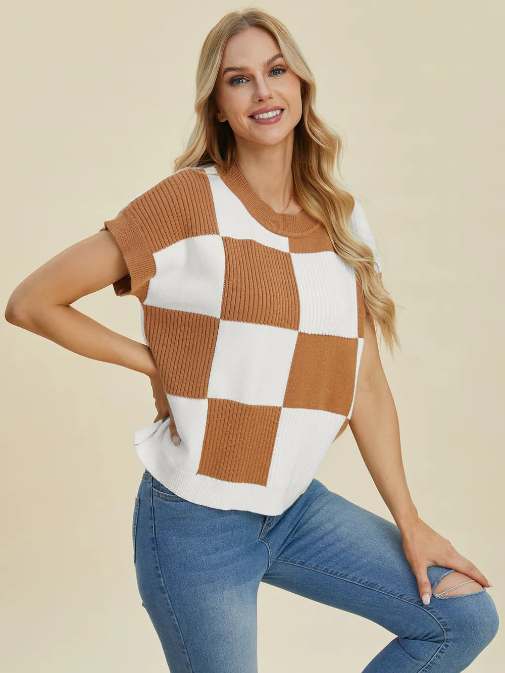 Double Take Full Size Checkered Round Neck Short Sleeve Sweater - LoveNest Treasures