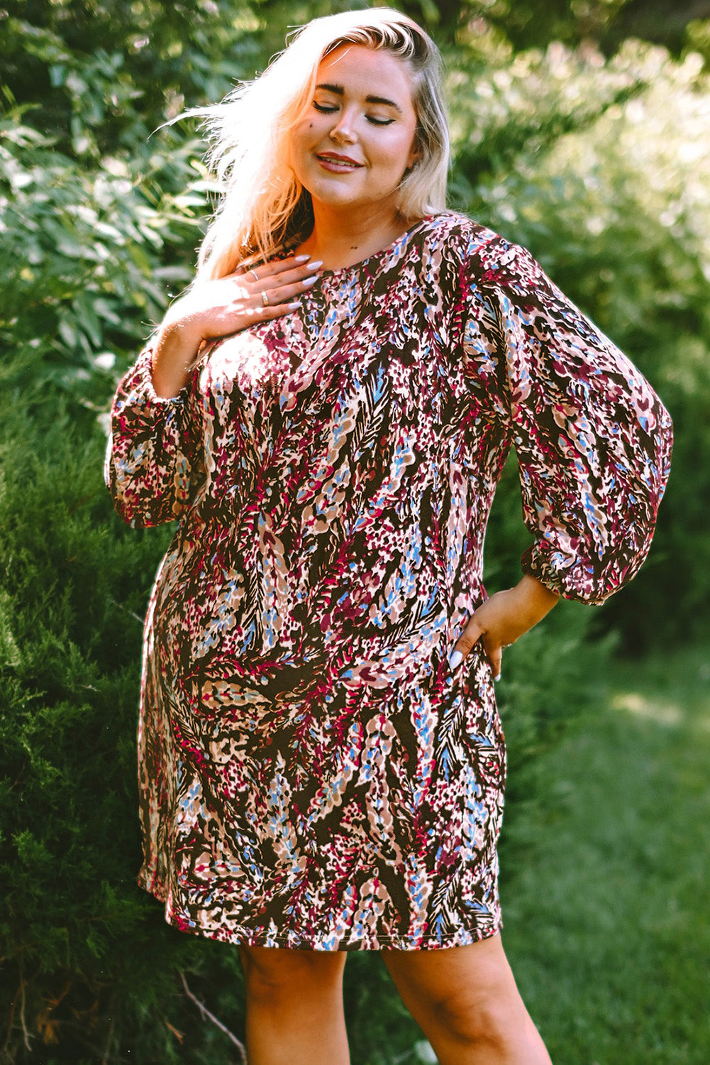 Plus Size Printed Round Neck Long Sleeve Mini Dress - LoveNest Treasures