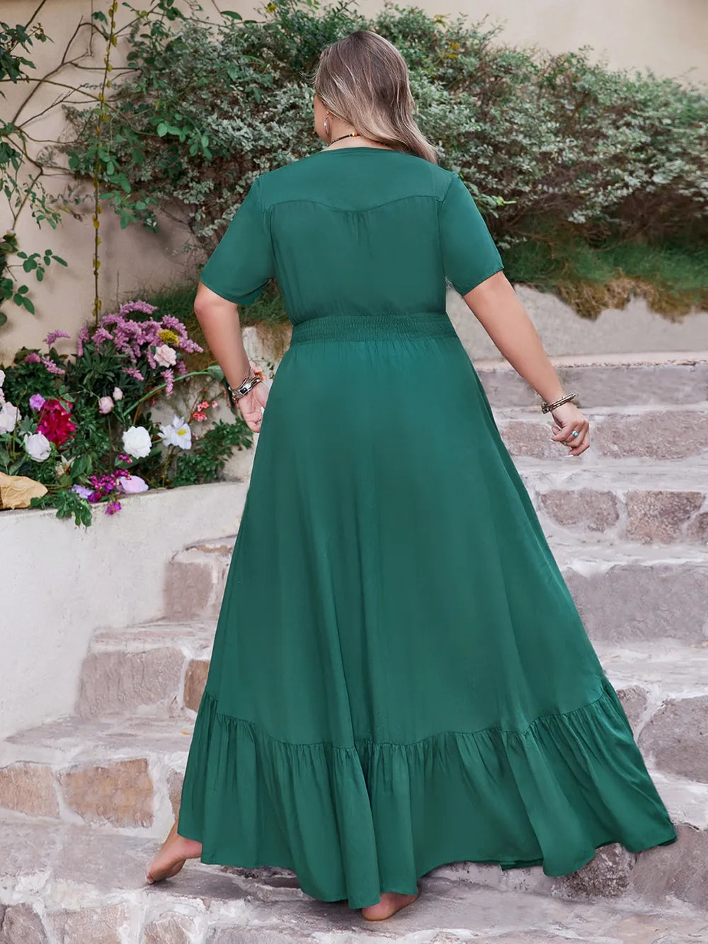 Plus Size Button Detail V-Neck Short Sleeve Maxi Dress - LoveNest Treasures