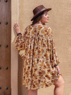 Plus Size Printed V-Neck Balloon Sleeve Mini Dress - LoveNest Treasures