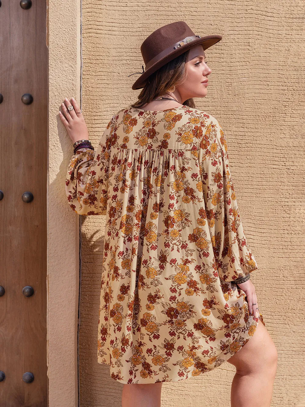 Plus Size Printed V-Neck Balloon Sleeve Mini Dress - LoveNest Treasures