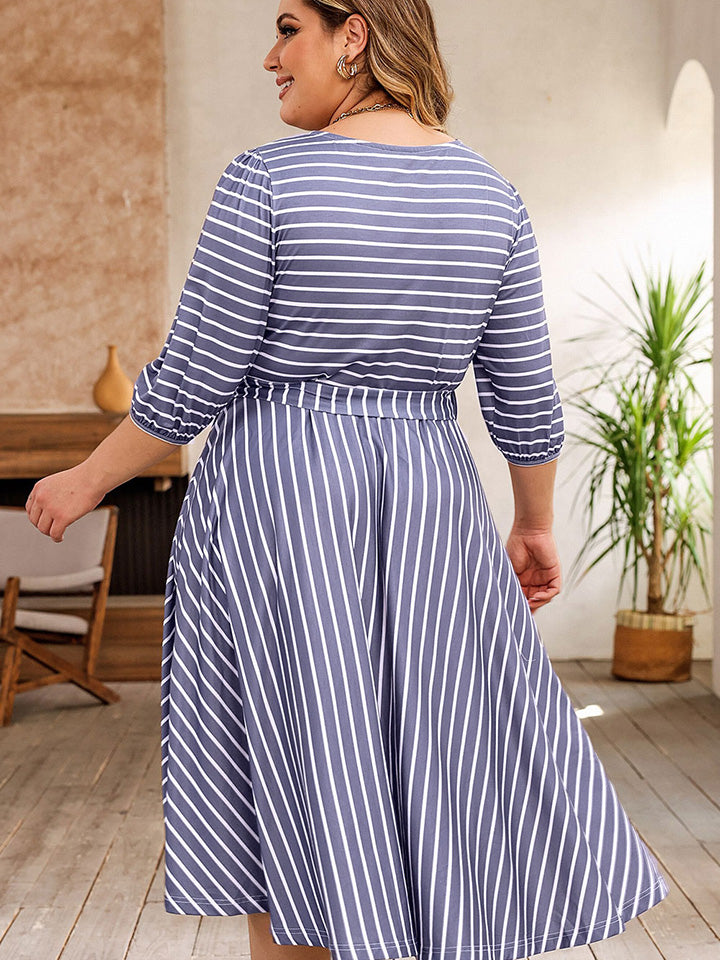 Plus Size Round Neck Striped Tie Waist Dress - LoveNest Treasures