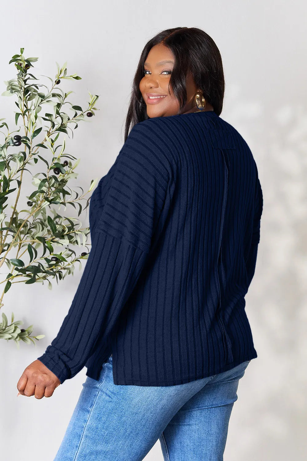 Basic Bae Full Size Ribbed Round Neck Slit Knit Top - LoveNest Treasures