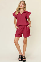 Double Take Full Size Texture Flounce Sleeve Top and Drawstring Shorts Set - LoveNest Treasures