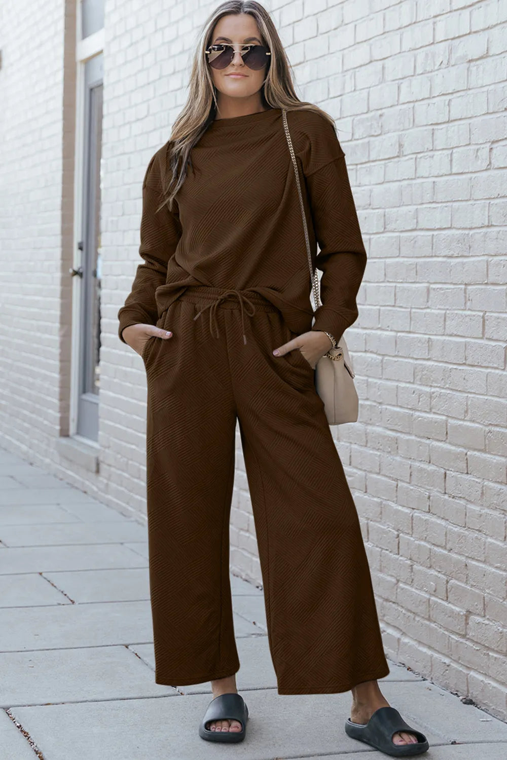 Double Take Full Size Textured Long Sleeve Top and Drawstring Pants Set - LoveNest Treasures