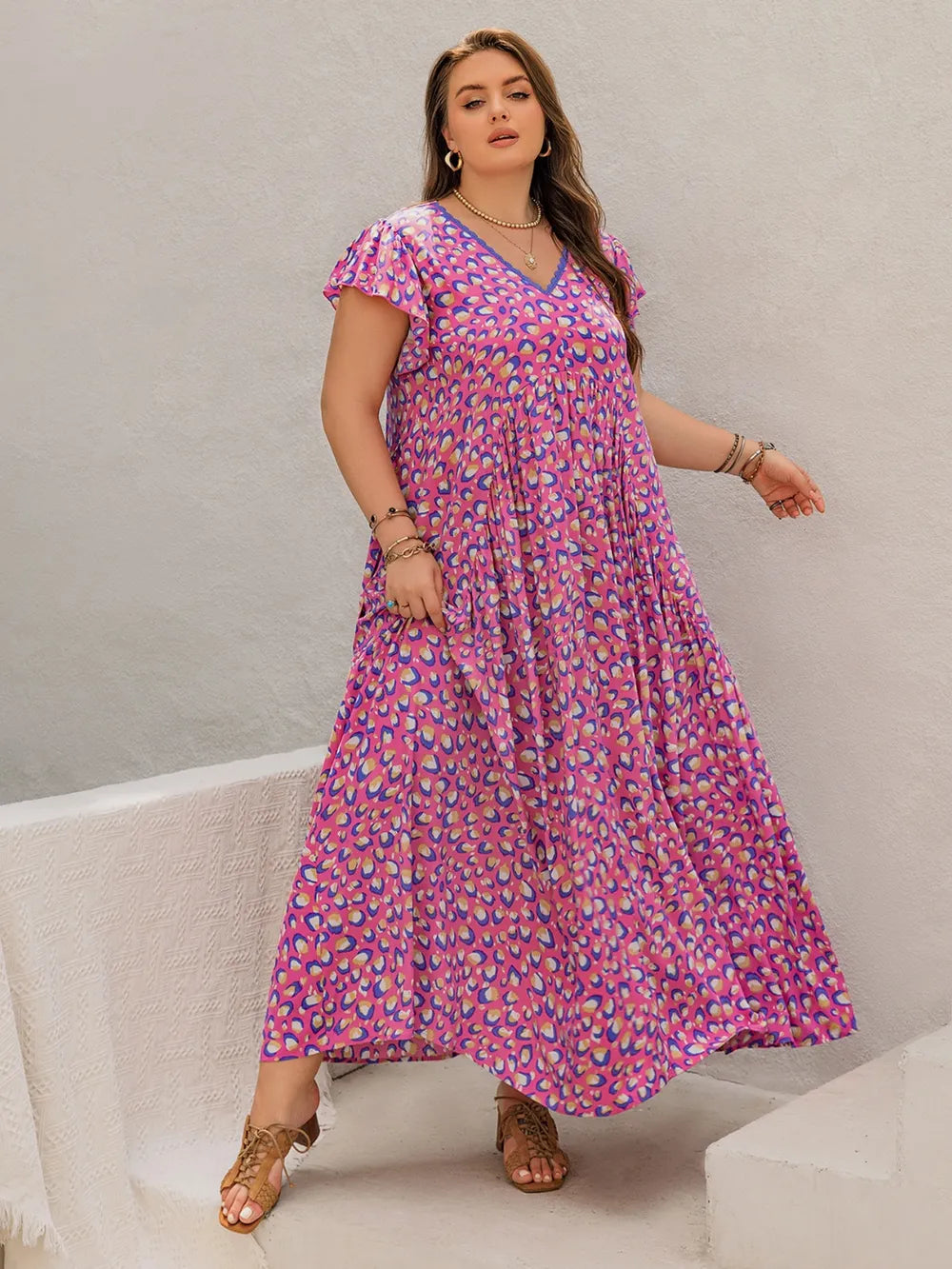 Plus Size Printed V-Neck Flutter Sleeve Tie Waist Maxi Dress - LoveNest Treasures