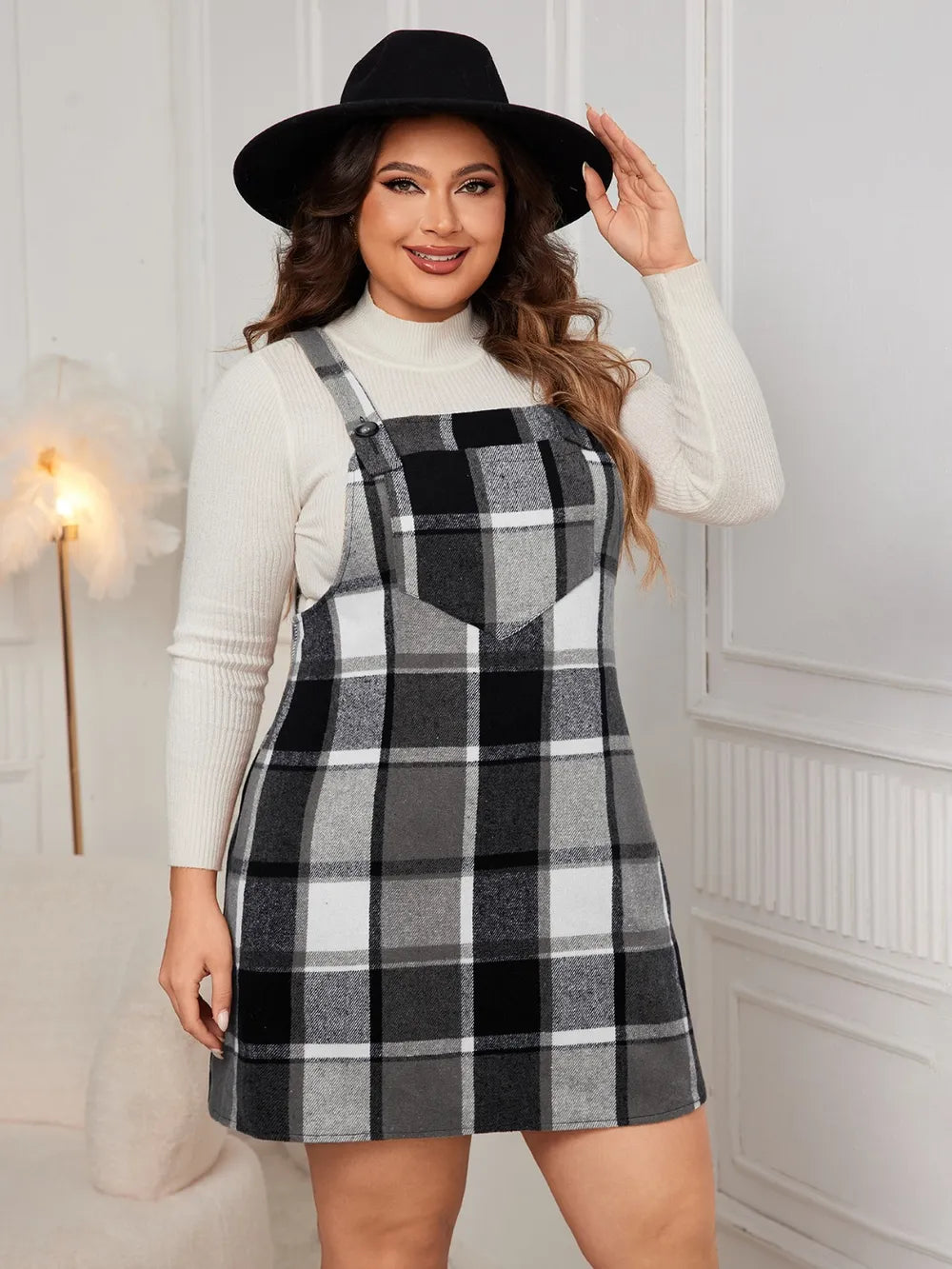 Honey Plus Size Plaid Wide Strap Overall Dress - LoveNest Treasures