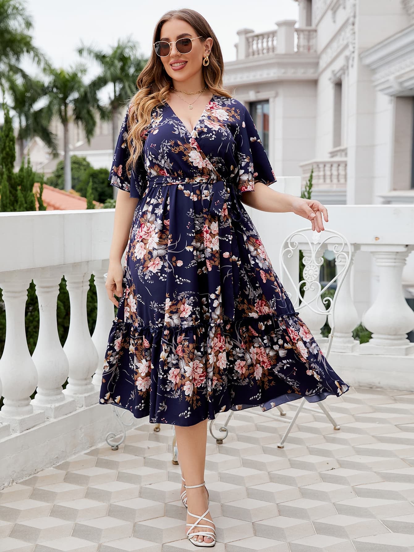 Honey Plus Size Floral Surplice Neck Midi Dress - LoveNest Treasures