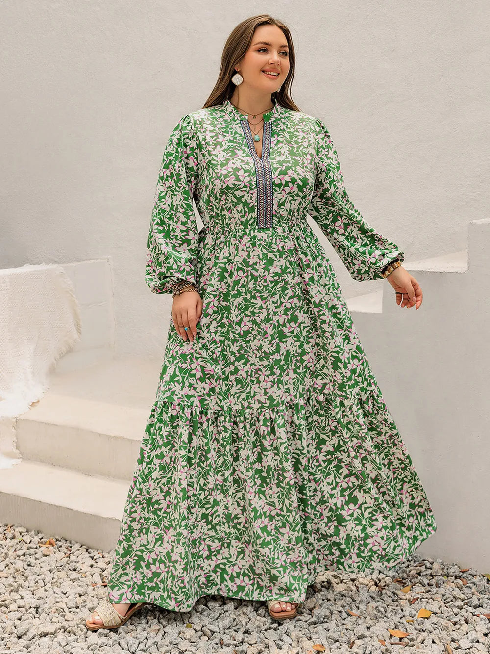 Plus Size Printed Notched Long Sleeve Maxi Dress - LoveNest Treasures