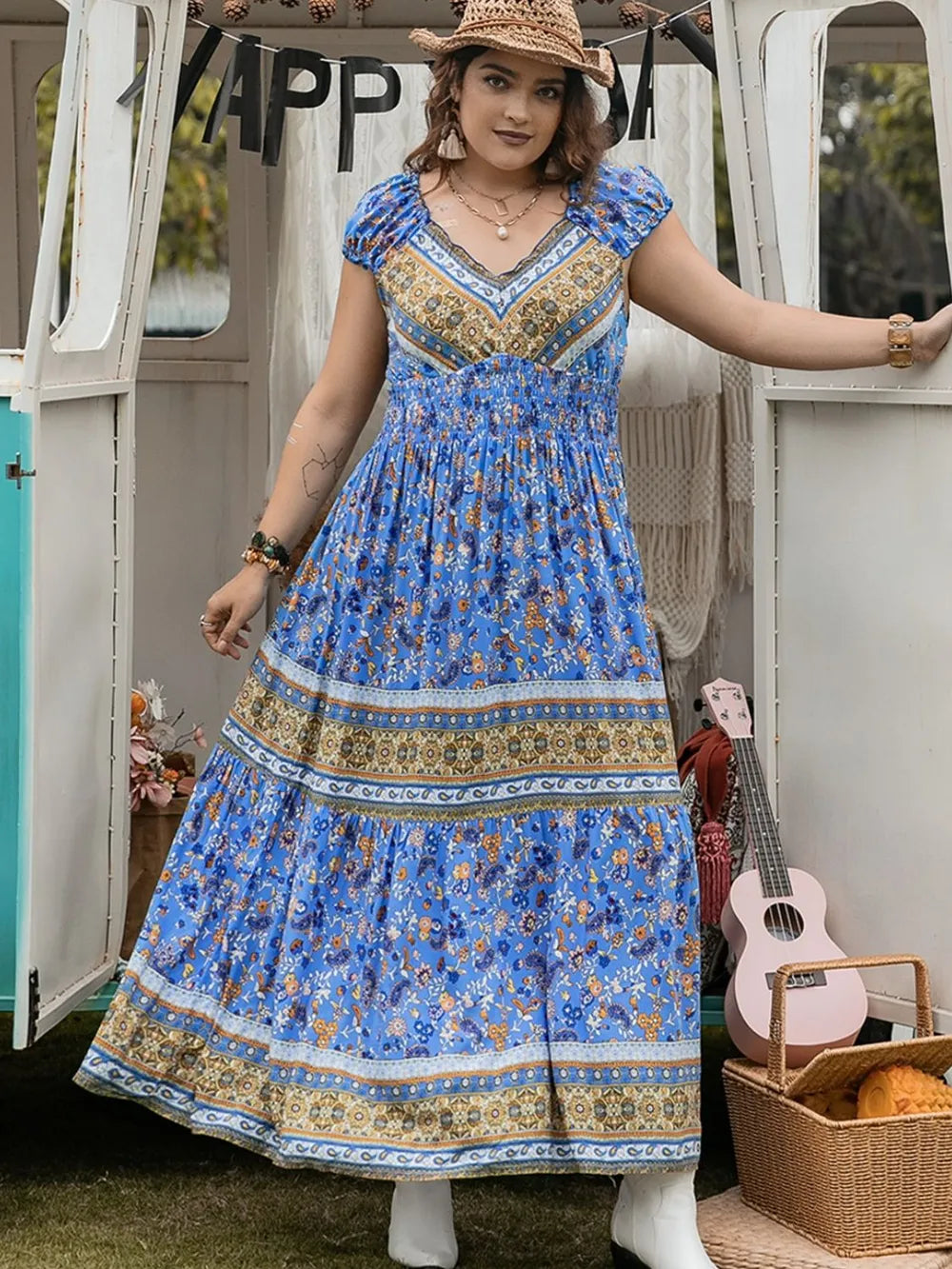 Plus Size Smocked Printed Cap Sleeve Dress - LoveNest Treasures