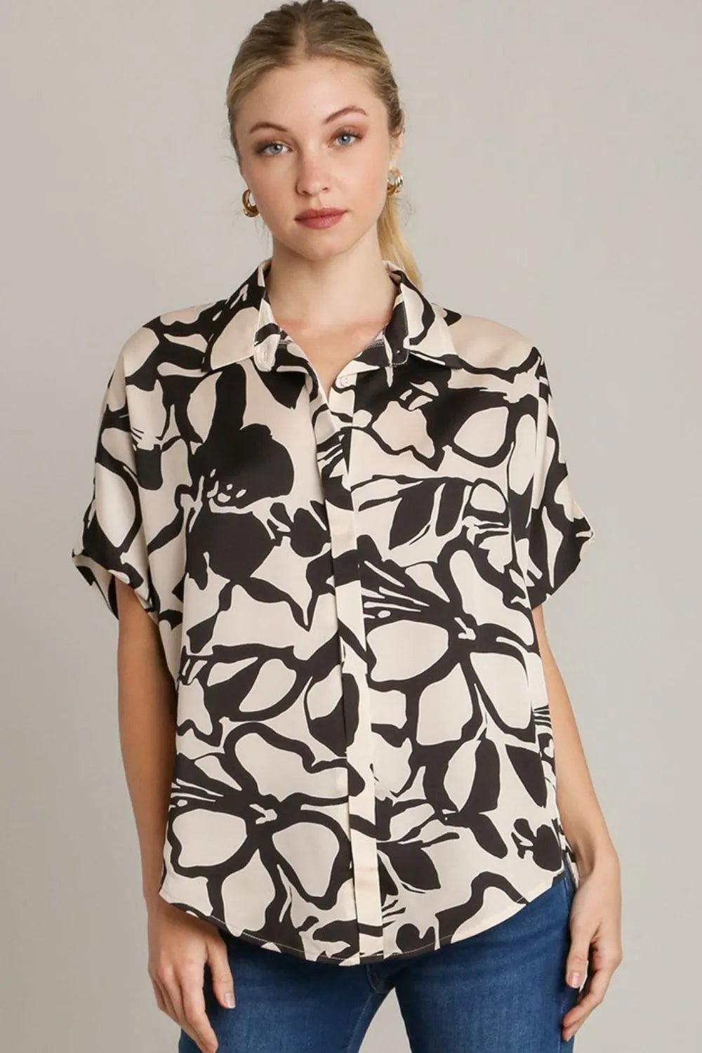 Umgee Full Size Two Tone Print Button Down Top with Hidden Plackets Plus Size - LoveNest Treasures