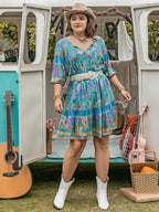 Plus Size Printed Tie Neck Mini Dress - LoveNest Treasures