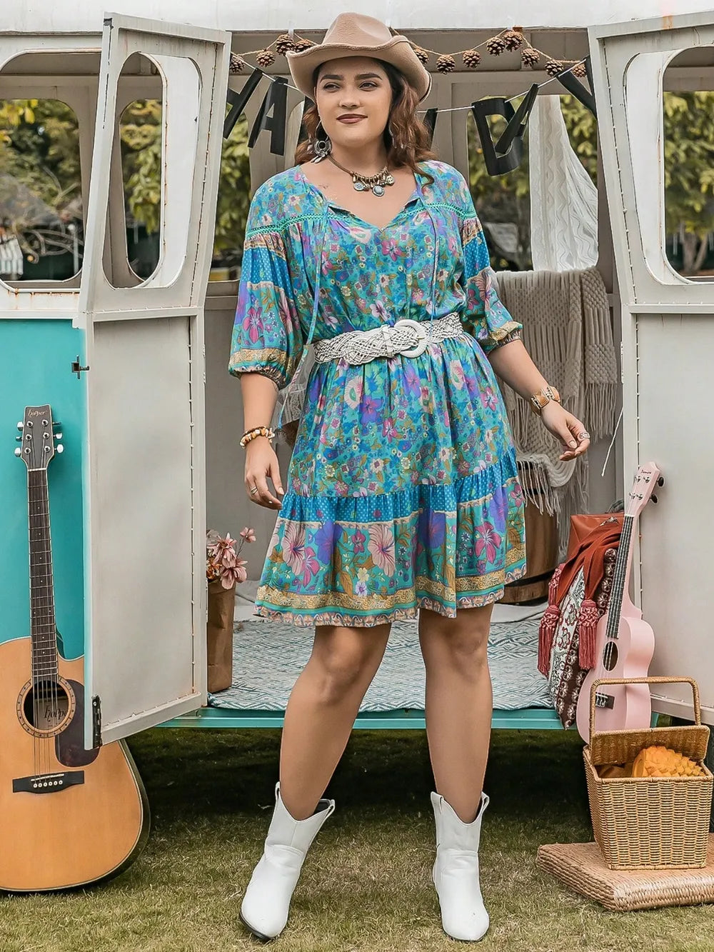 Plus Size Printed Tie Neck Mini Dress - LoveNest Treasures