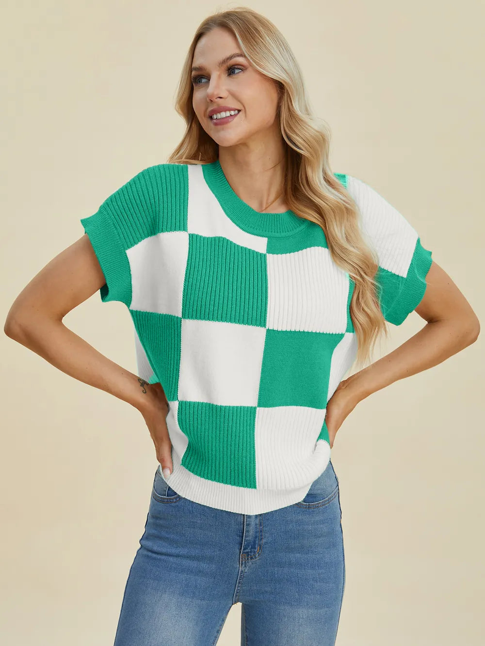 Double Take Full Size Checkered Round Neck Short Sleeve Sweater - LoveNest Treasures