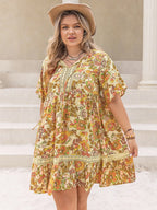 Plus Size Printed Tie Neck Short Sleeve Mini Dress - LoveNest Treasures
