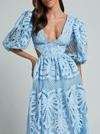 Cutout Back Lace Crochet V-Neck Dress - LoveNest Treasures