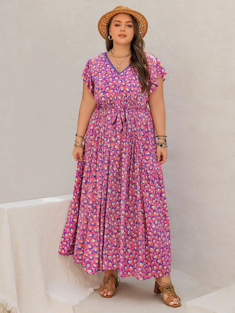 Plus Size Printed V-Neck Flutter Sleeve Tie Waist Maxi Dress - LoveNest Treasures