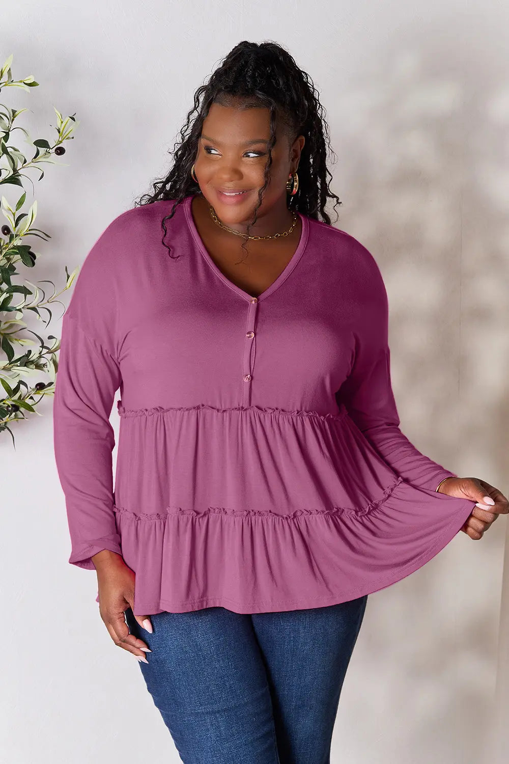 Double Take Half Button Long Sleeve Ruffle Hem Blouse - LoveNest Treasures