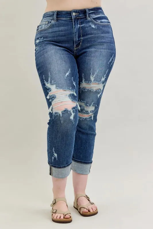 Judy Blue Full Size Mid Rise Cuffed Destroy Bf Jeans Plus Size - LoveNest Treasures