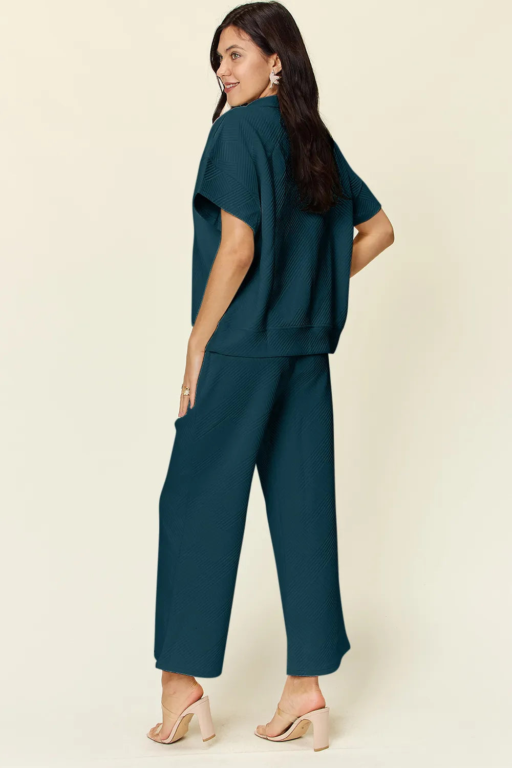 Double Take Full Size Texture Half Zip Short Sleeve Top and Pants Set - LoveNest Treasures