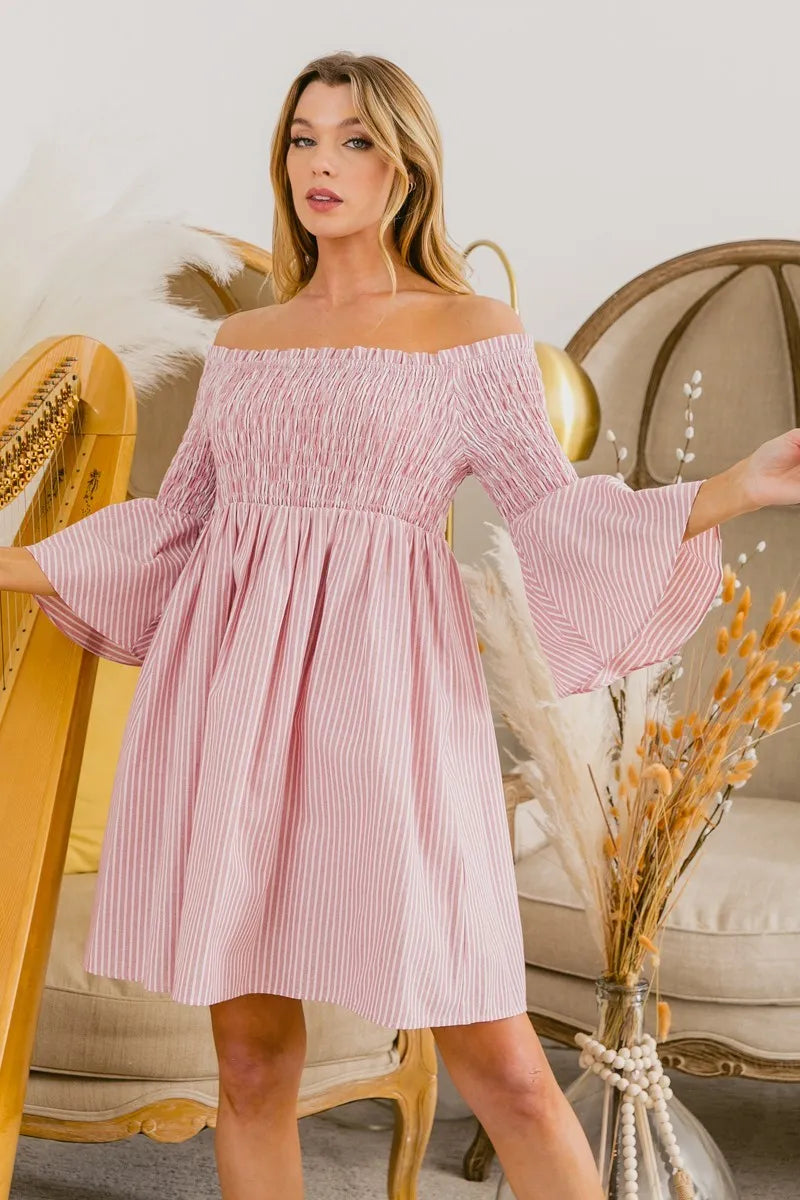 BiBi Smocked Off Shoulder Striped Dress - LoveNest Treasures