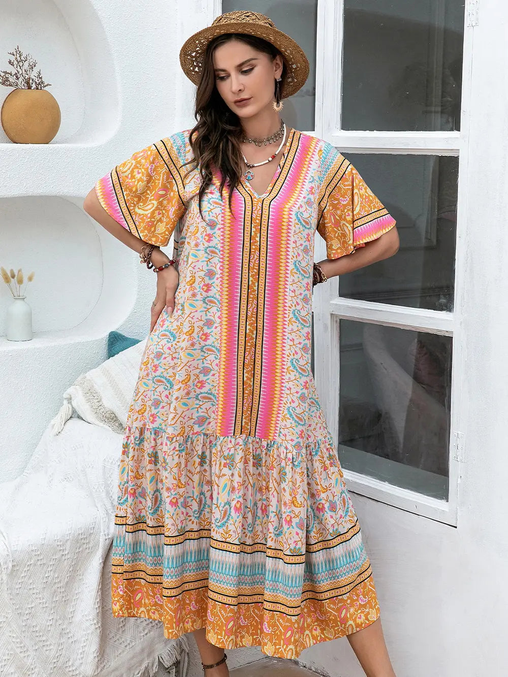 Plus Size Floral Tied Short Sleeve Midi Dress - LoveNest Treasures