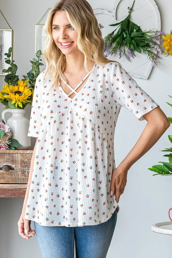 Heimish Full Size Crisscross Ditsy Floral Babydoll Top Plus Size - LoveNest Treasures