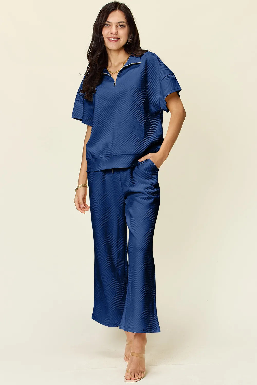 Double Take Full Size Texture Half Zip Short Sleeve Top and Pants Set - LoveNest Treasures