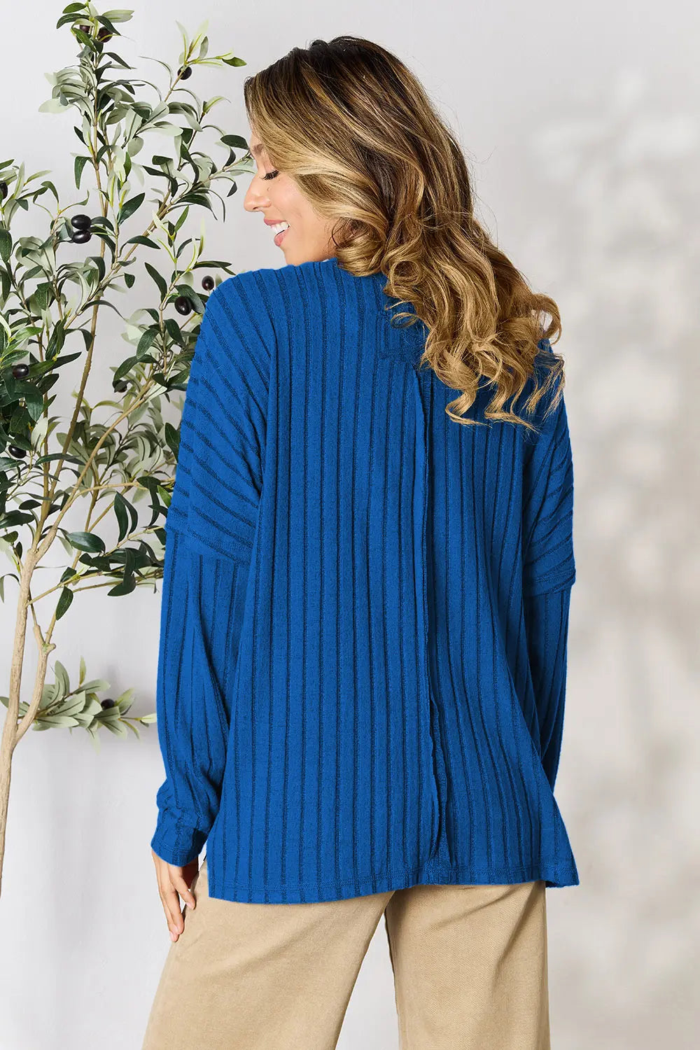 Basic Bae Full Size Ribbed Round Neck Slit Knit Top - LoveNest Treasures