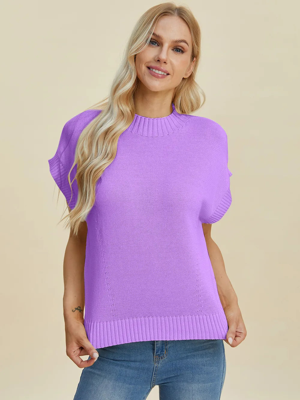 Double Take Full Size Mock Neck Short Sleeve Sweater - LoveNest Treasures