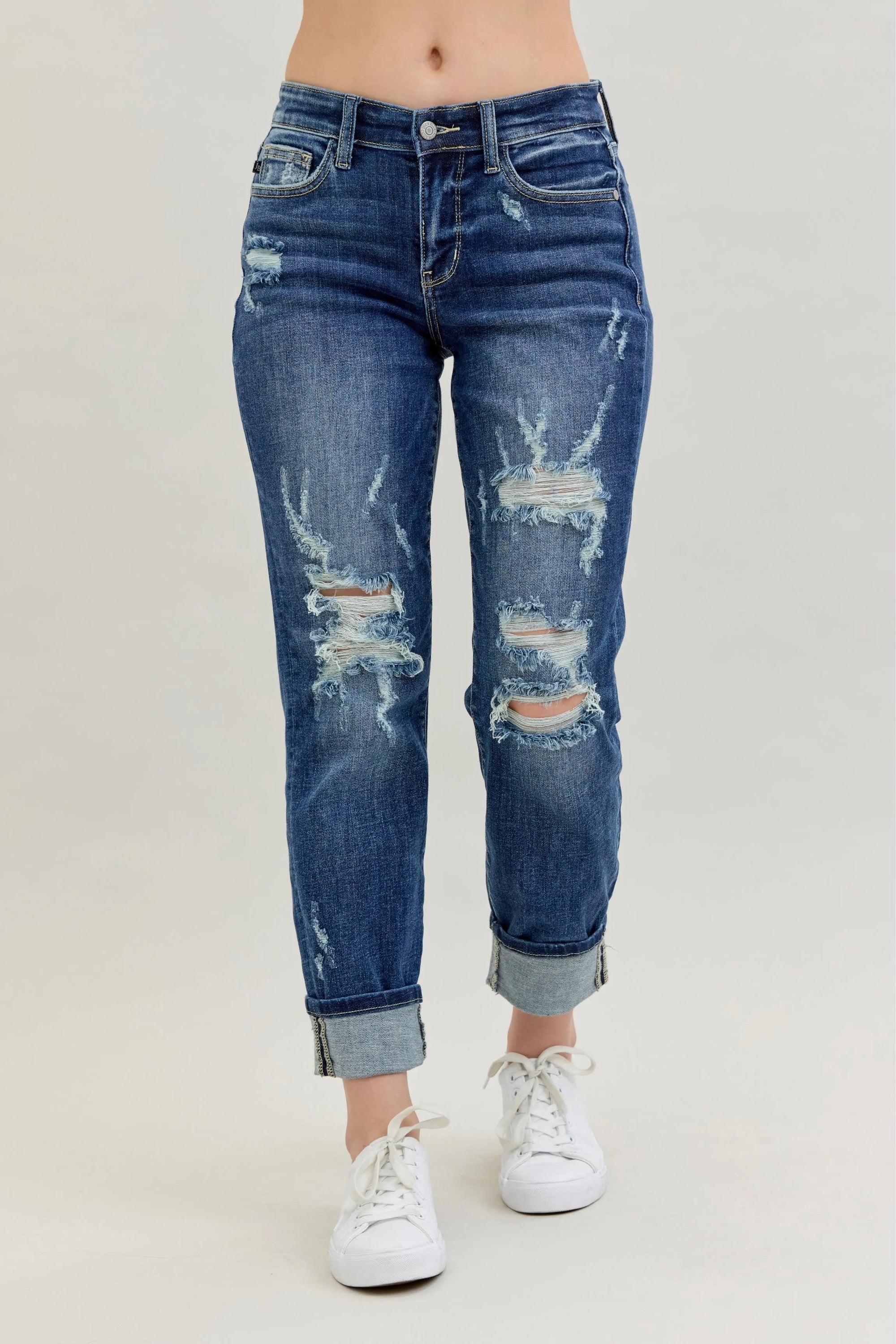 Judy Blue Full Size Mid Rise Cuffed Destroy Bf Jeans Plus Size - LoveNest Treasures
