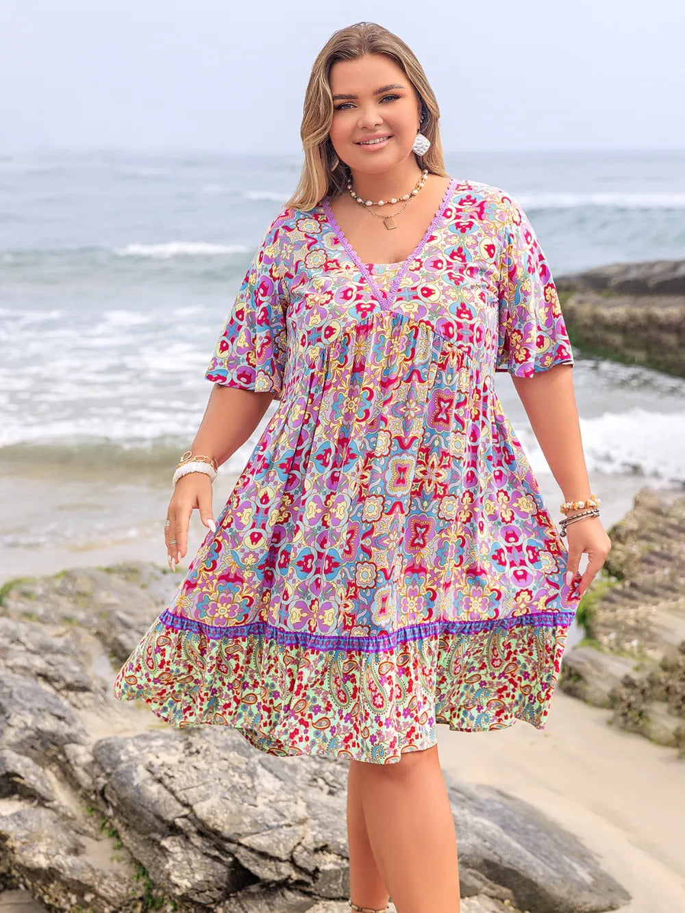 Plus Size Lace Detail Printed Half Sleeve Dress - LoveNest Treasures