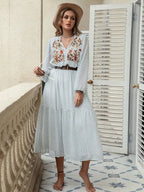 Plus Size Printed Tie Neck Long Sleeve Midi Dress - LoveNest Treasures