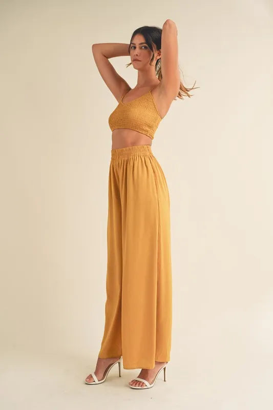 MABLE Smocked Bralette Crop Top and Wide Leg Pants Set - LoveNest Treasures