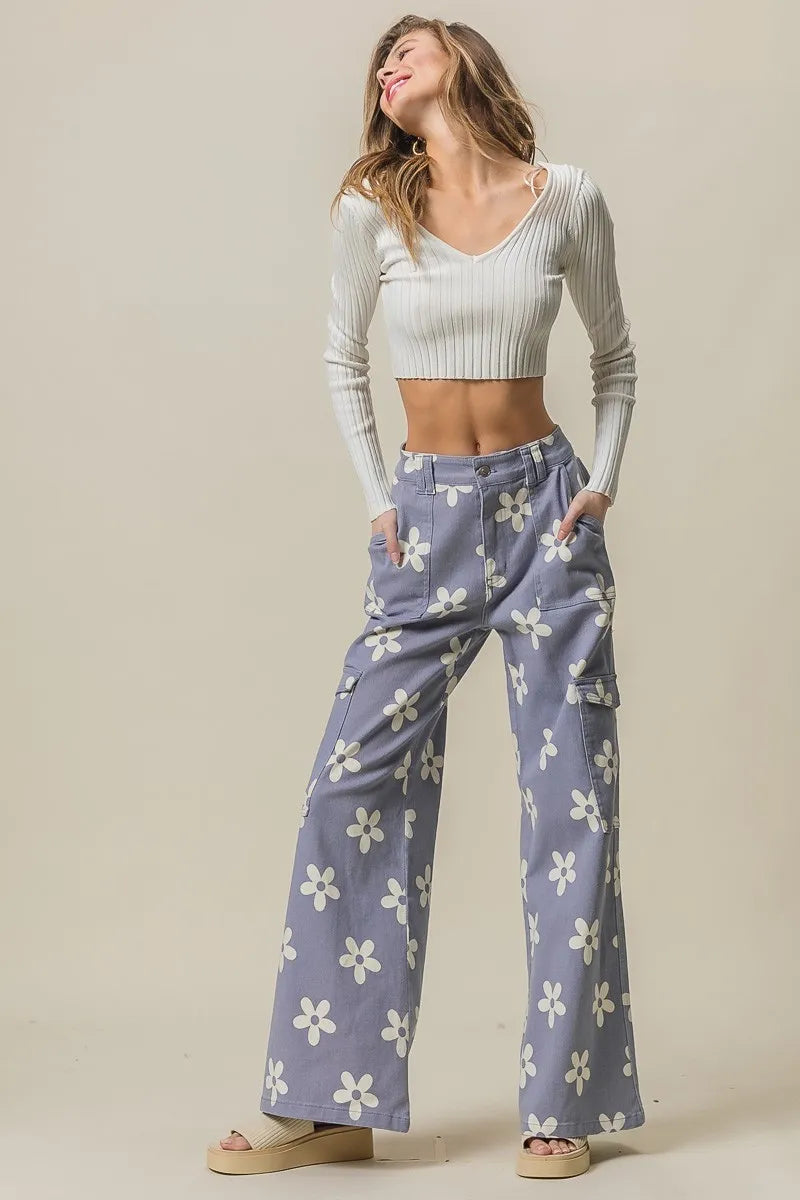 BiBi Flower Printed Side Pocket Wide Pants - LoveNest Treasures