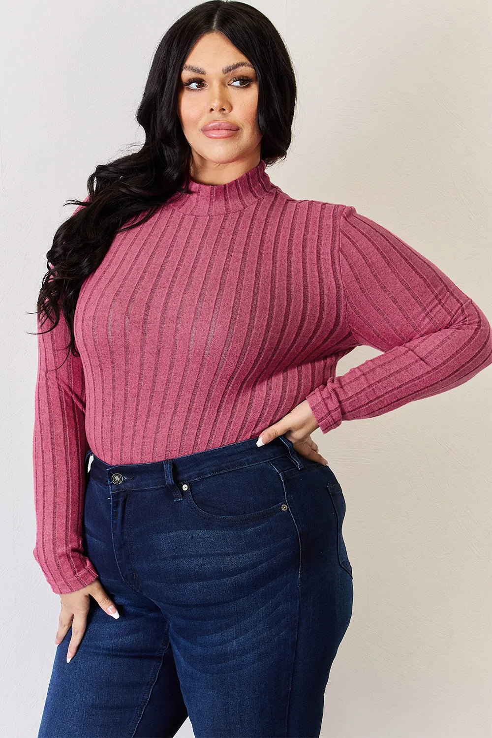 Basic Bae Full Size Ribbed Mock Neck Long Sleeve T-Shirt - LoveNest Treasures