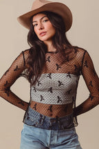 SO ME Bow Ribbon Pattern Sheer Lace Top - LoveNest Treasures