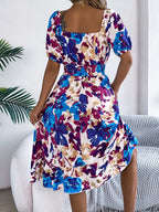 Ruffled Hem Smocked Floral Short Sleeve Midi Dress - LoveNest Treasures
