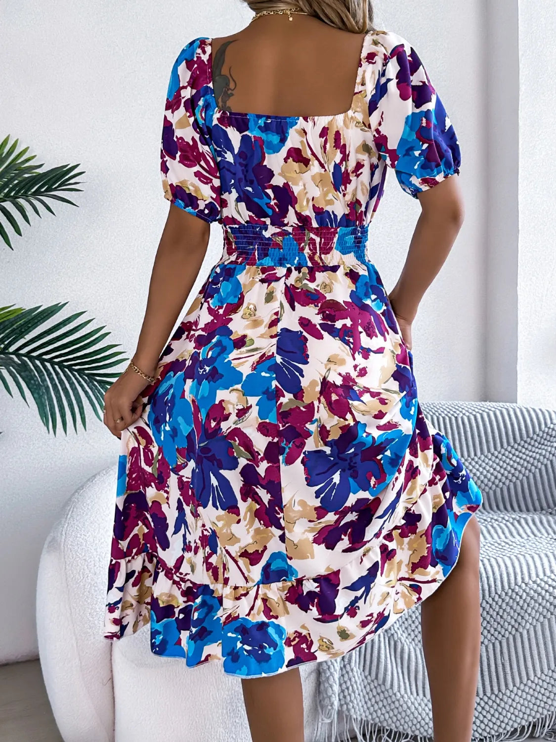 Ruffled Hem Smocked Floral Short Sleeve Midi Dress - LoveNest Treasures
