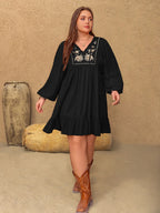 Plus Size Embroidered Tie Neck Long Sleeve Mini Dress - LoveNest Treasures