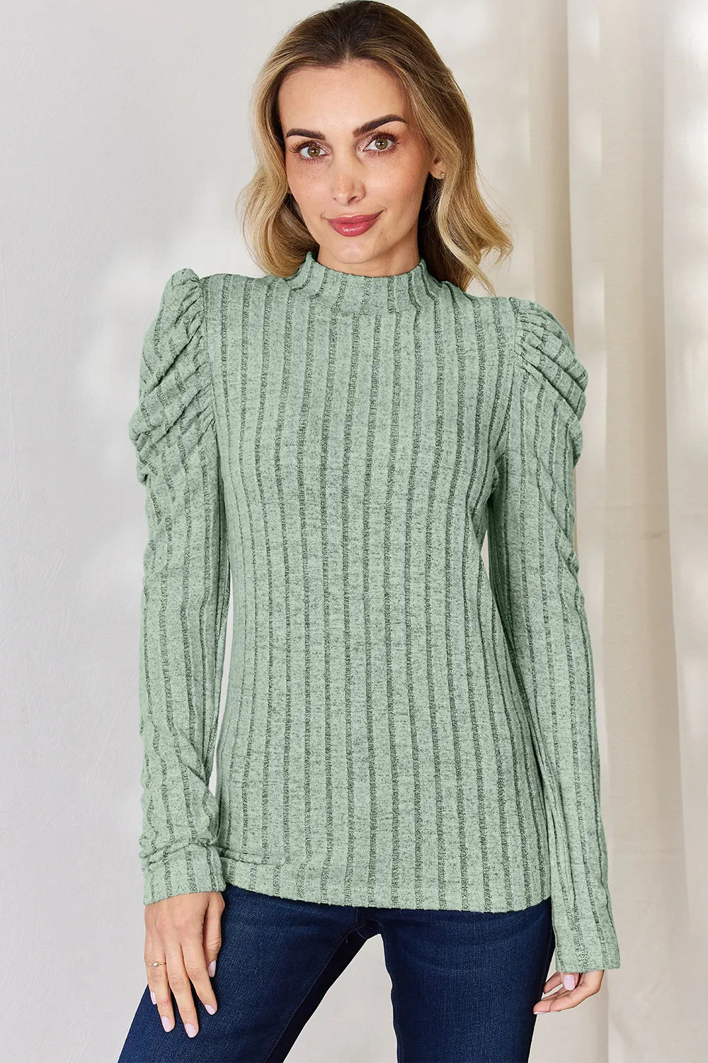 Basic Bae Full Size Ribbed Mock Neck Puff Sleeve T-Shirt - LoveNest Treasures
